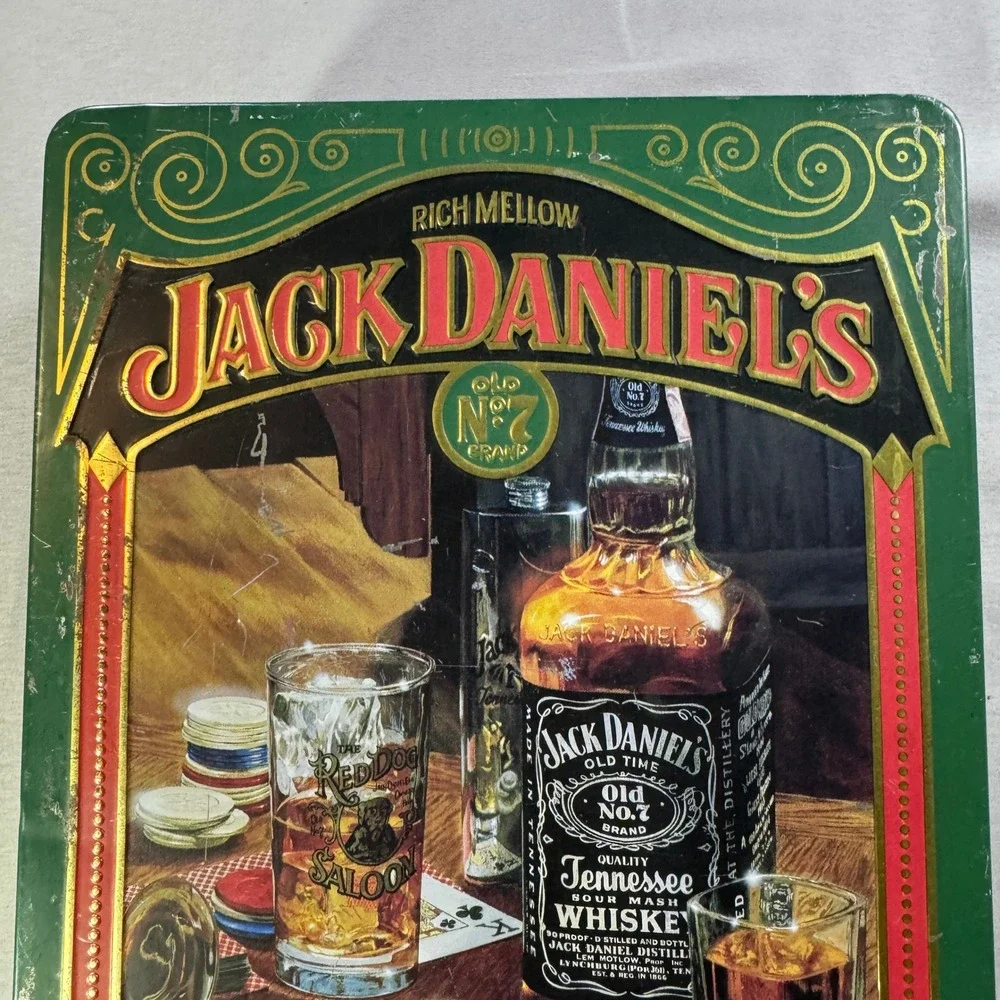 Vintage Jack Daniels Old No 7 Tennessee Whiskey Collectible Metal Tin Green Gold